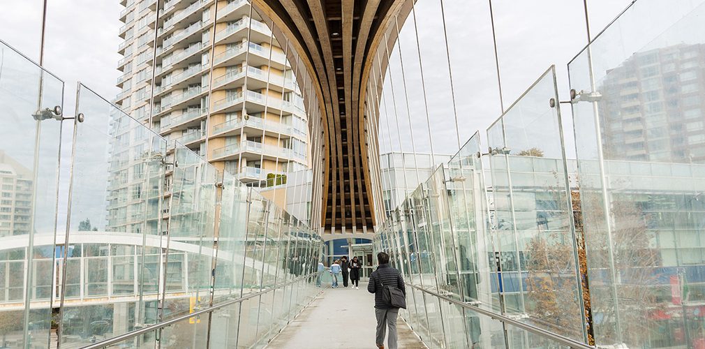 A picture of the skybridge connecting the campus to Metrotown