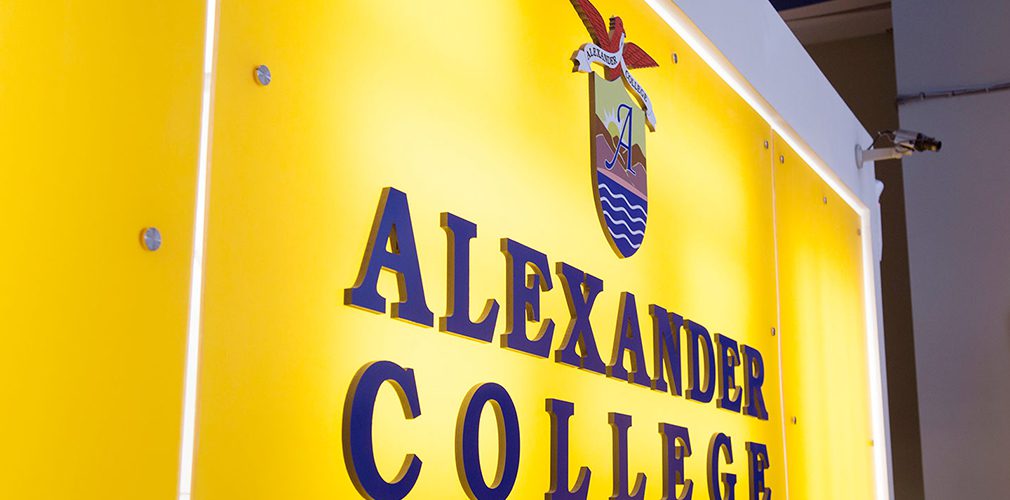 Close up of the Alexander College Vancouver sign